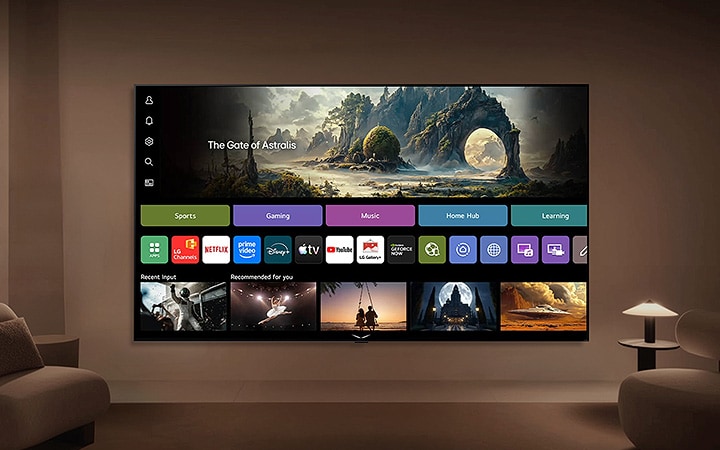 LG AI TV displays a home screen in a living space, showcasing apps like LG Channels and Netflix alongside recommended content, while the interface highlights direct access to hundreds of entertainment options.