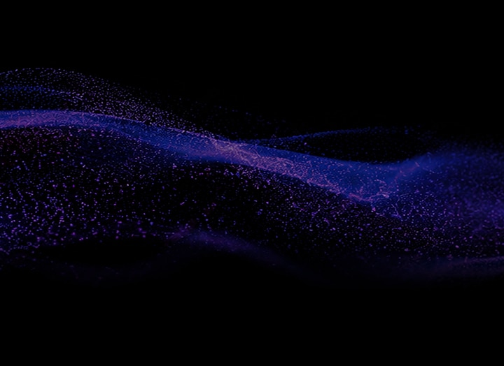 LG AI TV is visualized as abstract blue wave-like lines on a black background, extending horizontally with smooth curves and gradient tones to form a continuous flowing pattern.