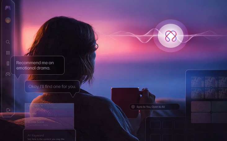 LG AI TV with AI-powered personalization shows a person seated holding a cup and watching TV, as on-screen AI recommends emotional drama with a response message, illustrating a viewing experience tailored to the viewer.