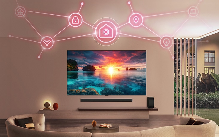 LG AI TV with Smart home hub & connectivity is wall-mounted in a living room, with connected device icons radiating above the TV to represent networked devices and centralized control, seamlessly integrating across the home.