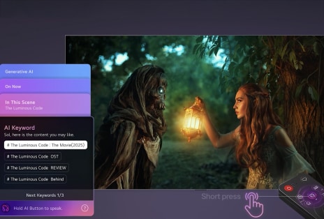 LG AI TV with AI Concierge shows an AI-based menu overlay on the left side of the movie screen, displaying scene-based content suggestions and AI keywords such as OST and reviews, accessed by a short remote press.