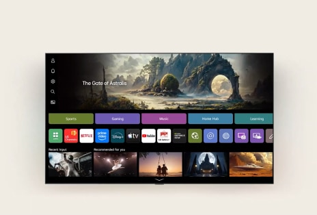 LG AI TV featuring AI Voice ID with My Page shows the webOS home screen with a personalized My Page view tailored to the active user, displaying widgets like weather, calendar, and more at a glance.