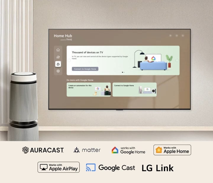 LG AI TV with Smart Connectivity displays the Home Hub interface, showcasing connections to Google Home and LG ThinQ alongside control panels for connected devices, featuring logos including Google Home, Apple Home, and others.