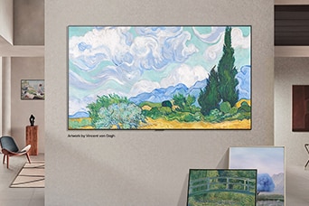 LG TV is featured in a stylish home interior as an Art TV, displaying Vincent van Gogh’s “A Wheatfield, with Cypresses” through LG Gallery+ and blending seamlessly with the décor.