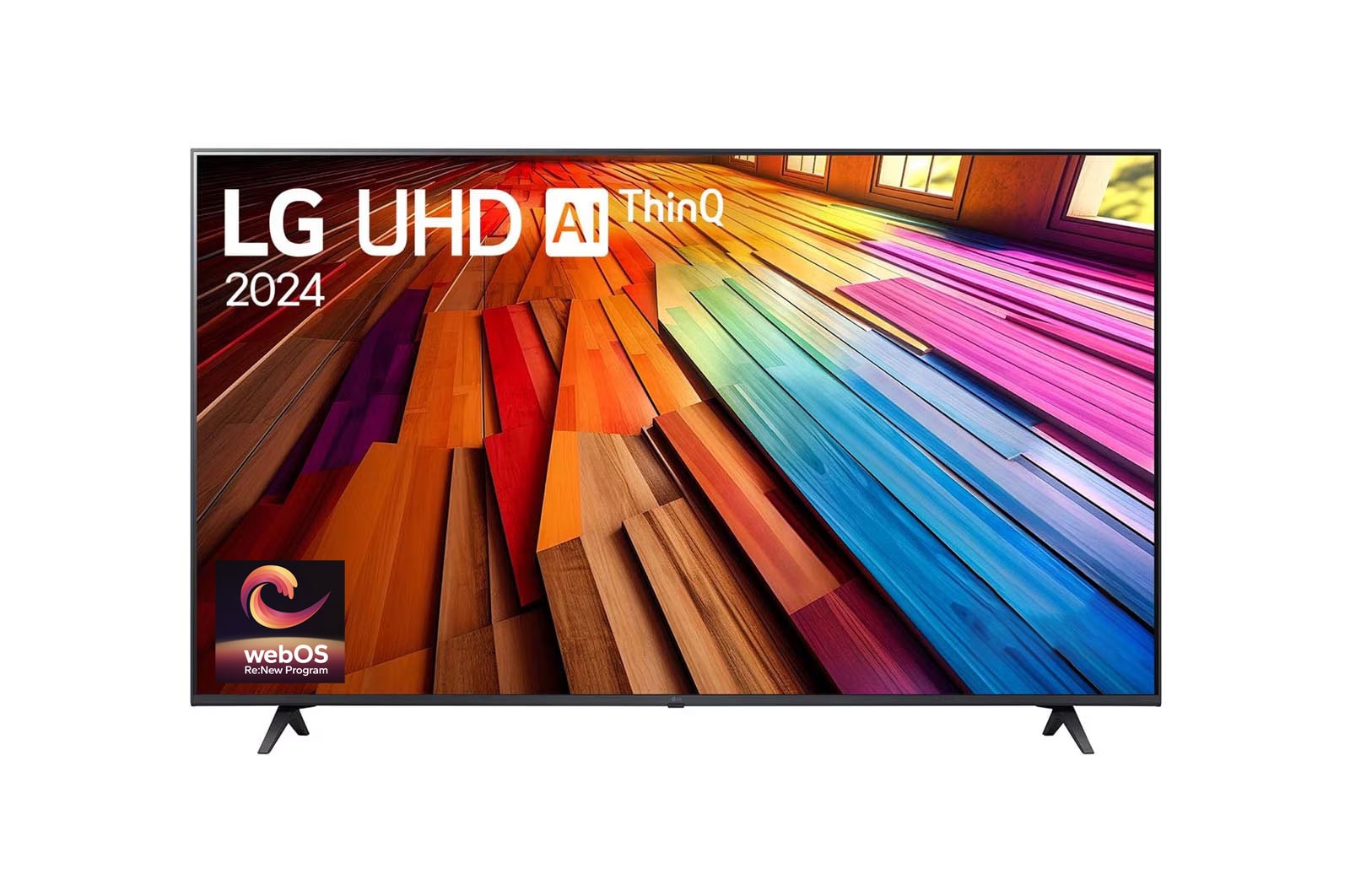 Front view of LG UHD TV, UT80 with text of LG UHD AI ThinQ, 2024, and webOS Re:New Program logo on screen