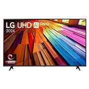 Front view of LG UHD TV, UT80 with text of LG UHD AI ThinQ, 2024, and webOS Re:New Program logo on screen
