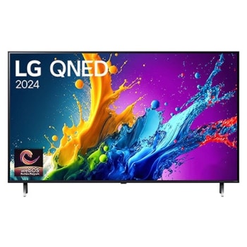 Front view of LG QNED TV, QNED80 with text of LG QNED AI, 2024, and webOS Re:New Program logo on screen