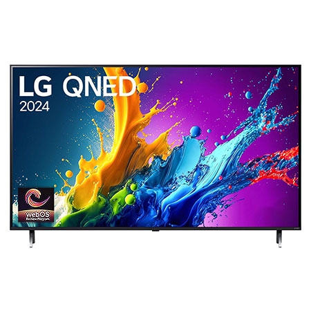 Vista frontal do 55QNED80TSA com texto do LG QNED 4K, 2024 e logotipo do webOS Re:New Program na tela