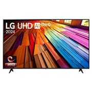 Front view of LG UHD TV, UT80 with text of LG UHD AI ThinQ, 2024, and webOS Re:New Program logo on screen