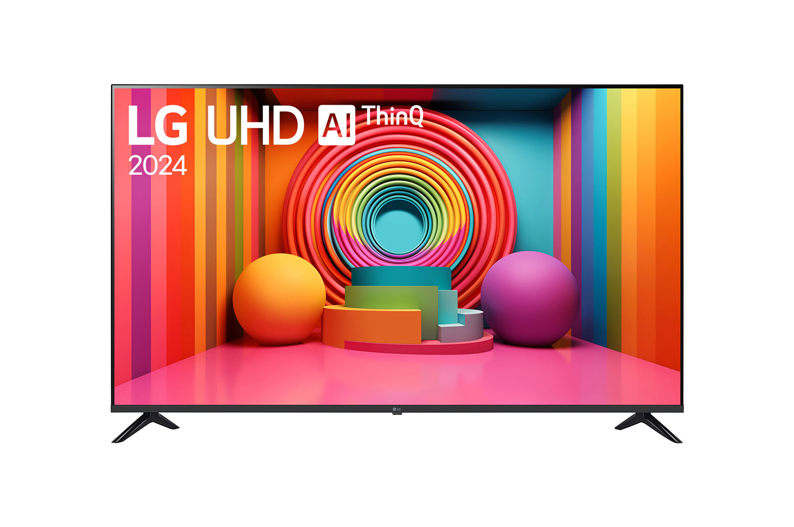 Front view of LG UHD TV, UT80 with text of LG UHD AI ThinQ, 2024, and webOS Re:New Program logo on screen