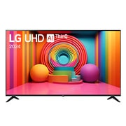 Front view of LG UHD TV, UT80 with text of LG UHD AI ThinQ, 2024, and webOS Re:New Program logo on screen