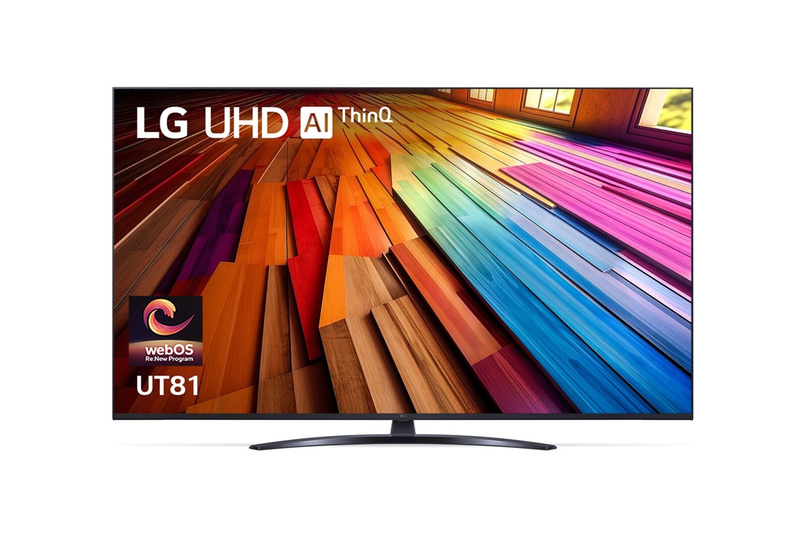 Front view of LG UHD TV, UT80 with text of LG UHD AI ThinQ, 2024, and webOS Re:New Program logo on screen