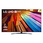 Front view of LG UHD TV, UT80 with text of LG UHD AI ThinQ, 2024, and webOS Re:New Program logo on screen