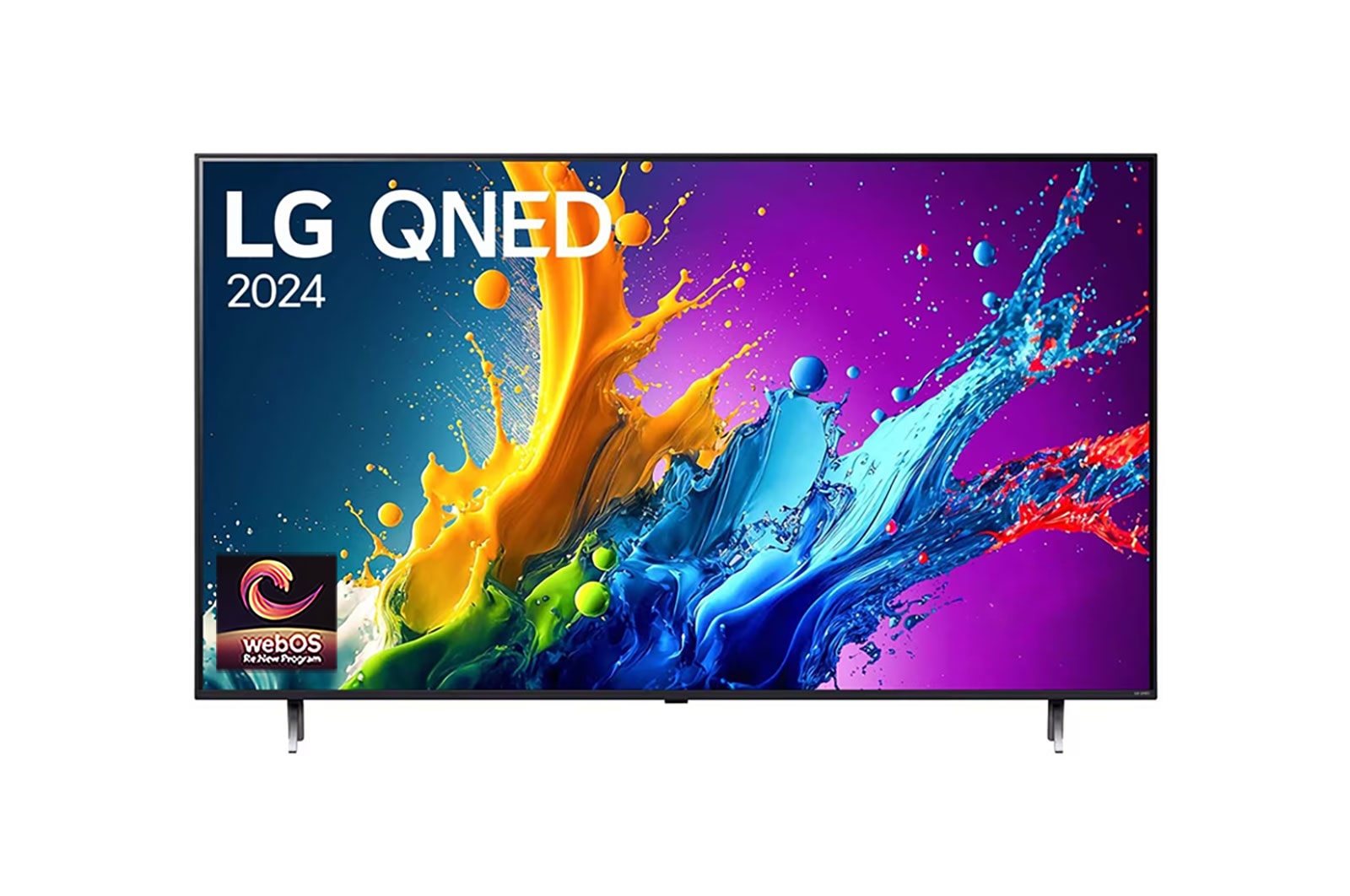 Front view of LG QNED TV, QNED80 with text of LG QNED AI, 2024, and webOS Re:New Program logo on screen