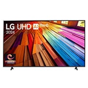 Front view of LG UHD TV, UT80 with text of LG UHD AI ThinQ, 2024, and webOS Re:New Program logo on screen