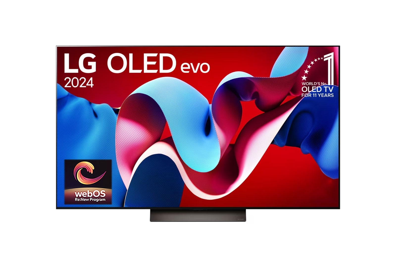 Front view with LG OLED evo AI TV, OLED C4, 11 Years of world number 1 OLED Emblem and webOS Re:New Program logo on screen