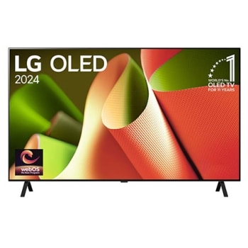 Front view with LG OLED AI TV, OLED B4, 11 Years of world number 1 OLED Emblem and webOS Re:New Program logo on screen with 2-pole stand