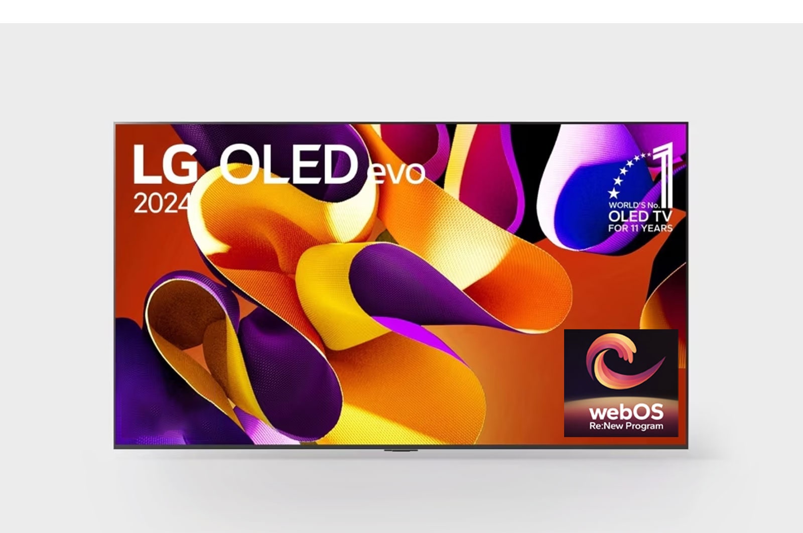 Front view with LG OLED evo AI TV, OLED G4, 11 Years of world number 1 OLED Emblem and webOS Re:New Program logo on screen, as well as the Soundbar below