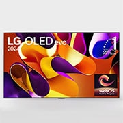 Front view with LG OLED evo AI TV, OLED G4, 11 Years of world number 1 OLED Emblem and webOS Re:New Program logo on screen, as well as the Soundbar below
