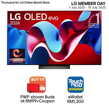 Front view with LG OLED evo AI TV, OLED C4, 11 Years of world number 1 OLED Emblem and webOS Re:New Program logo on screen