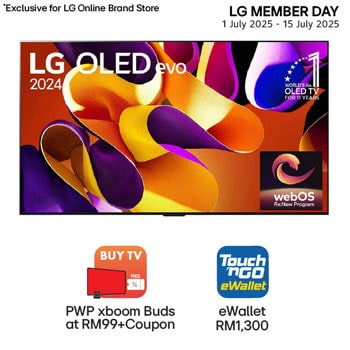 Front view with LG OLED evo AI TV, OLED G4, 11 Years of world number 1 OLED Emblem and webOS Re:New Program logo on screen, as well as the Soundbar below