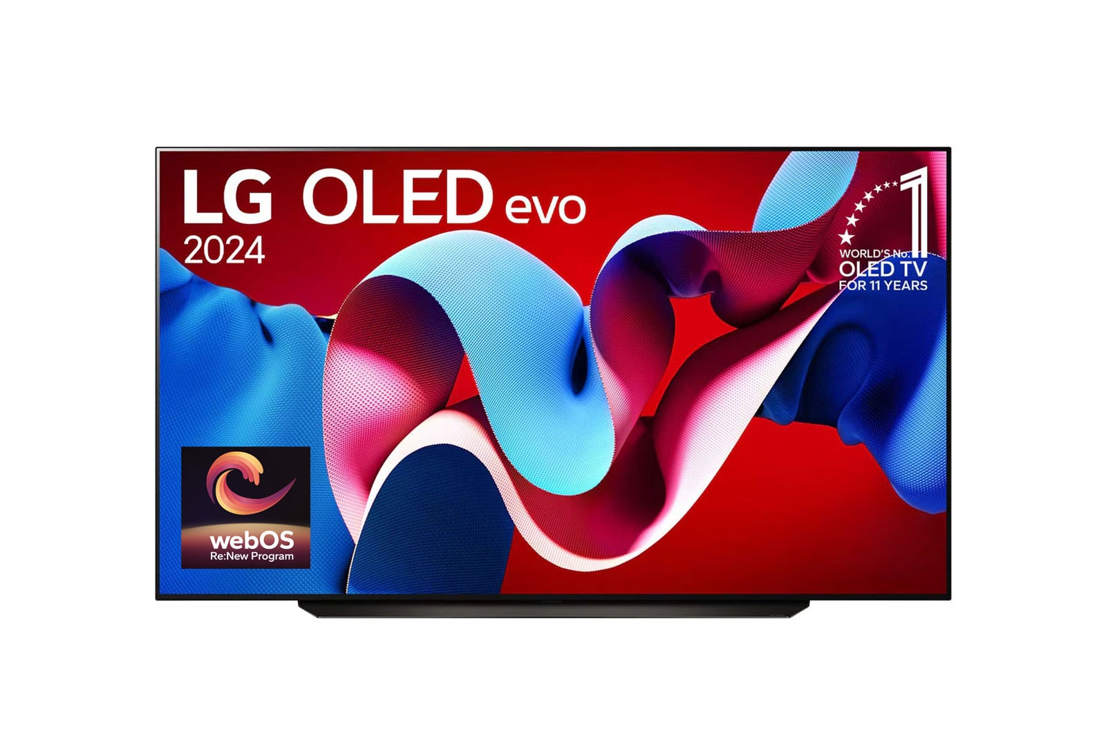 Front view with LG OLED evo AI TV, OLED C4, 11 Years of world number 1 OLED Emblem and webOS Re:New Program logo on screen