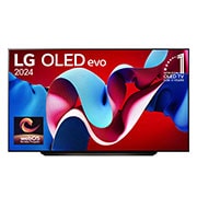 Front view with LG OLED evo AI TV, OLED C4, 11 Years of world number 1 OLED Emblem and webOS Re:New Program logo on screen