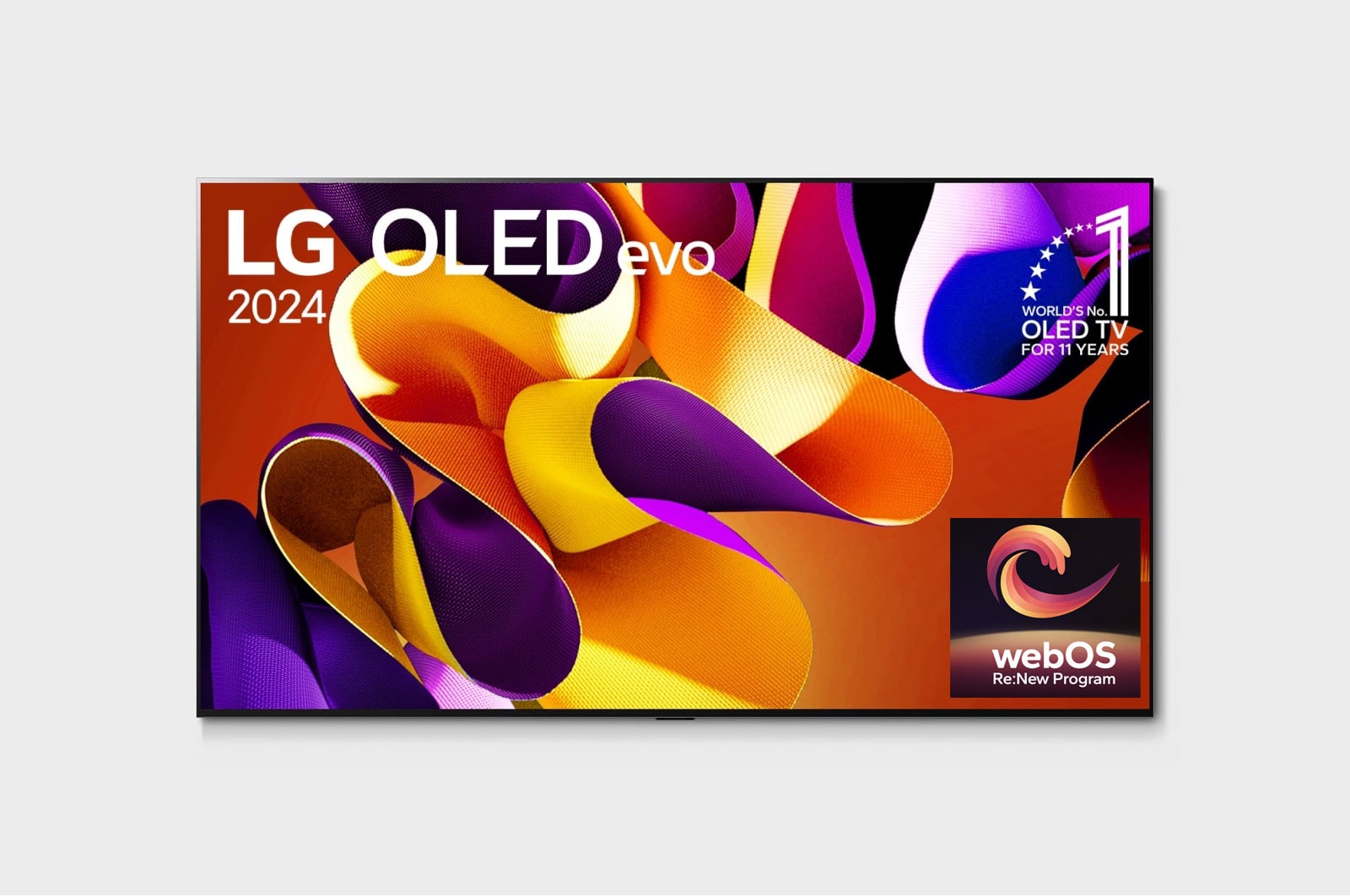Front view with LG OLED evo AI TV, OLED G4, 11 Years of world number 1 OLED Emblem and webOS Re:New Program logo on screen, as well as the Soundbar below