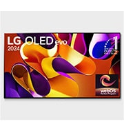 Front view with LG OLED evo AI TV, OLED G4, 11 Years of world number 1 OLED Emblem and webOS Re:New Program logo on screen, as well as the Soundbar below