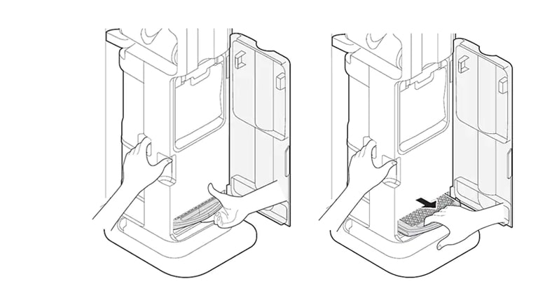 Grasp the end of the exhaust filter handle while holding the bottom of the product and pull it out until the handle is fully visible. Hold the bottom of the product and grab the exhaust filter handle and take it out.