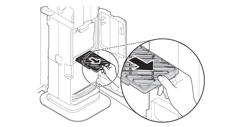 Hold the product with one hand and take out the motor protection filter with the other hand.