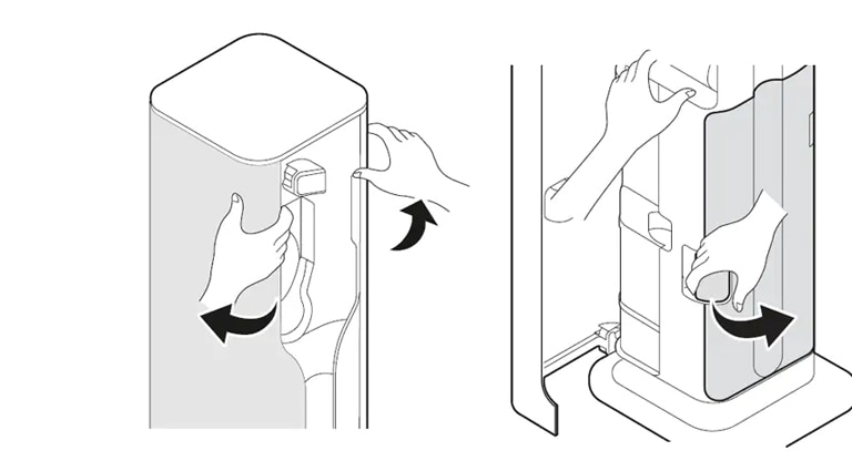 1. After opening the left and right component storage door, hold the product with one hand and open the dust bag door with the other hand.