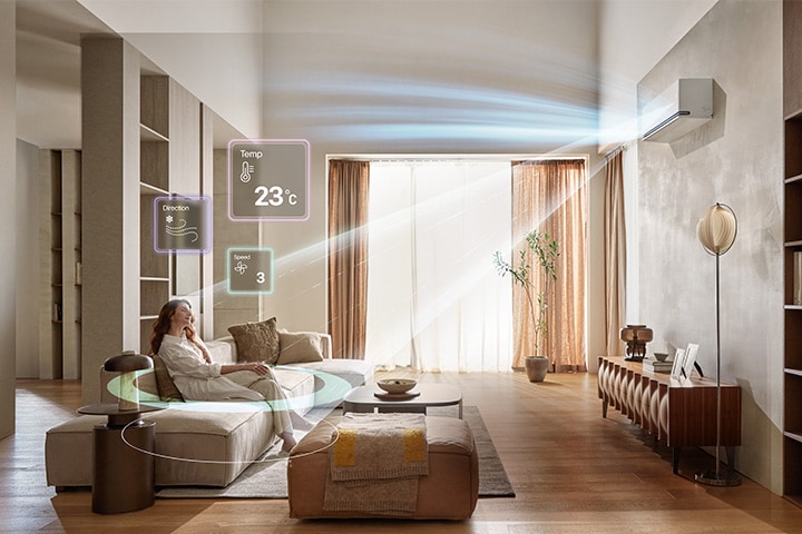 LG DUALCOOL AI Air directing airflow toward a person in a living room