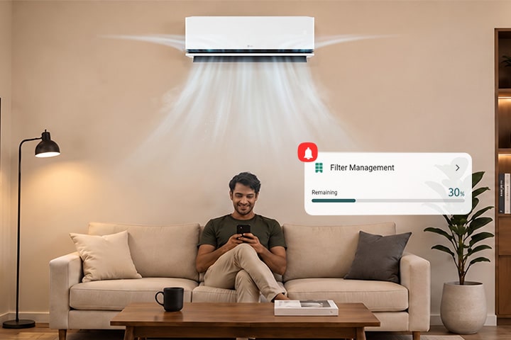 Man checking a Filter Cleaning Alert with an LG DUALCOOL AI Air