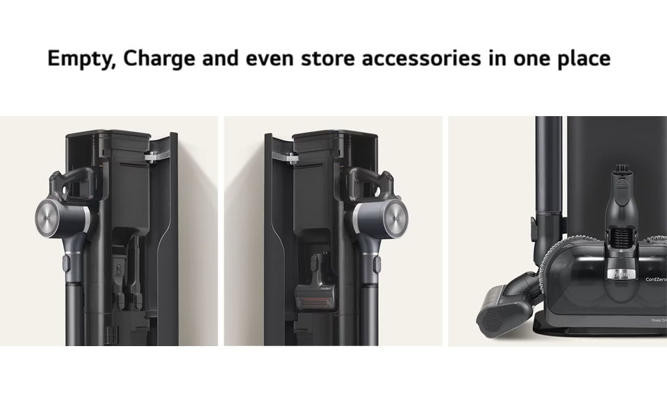 LG developed the LG CordZero® Auto Emptying All-in-One Tower accessory to improve the vacuum-emptying aspect of cleaning. When connected, compatible LG vacuums are automatically emptied into the tower's larger dust container, eliminating the need for manual emptying of the LG CordZero A9 stick vacuum cleaners. The tower incorporates a 3-step filtration system, securely trapping dirt and filtering out particles to prevent the release of dust or pet hair into the air during emptying. With convenient storage space for vacuum accessories, you can enjoy a more organized cleaning routine, and the tower only requires replacing approximately every three months. Experience a streamlined and hygienic cleaning process with LG's innovative All-in-One Tower accessory.
