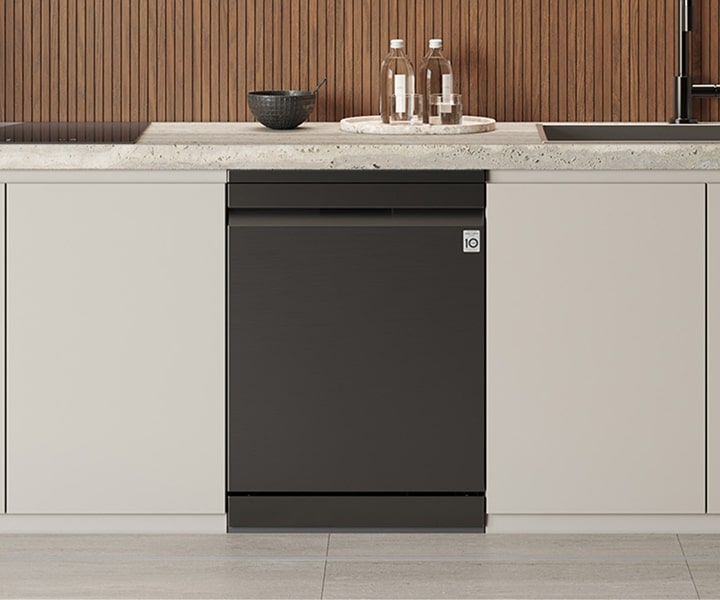 LG dishwasher integrated into a modern kitchen illustrating efficient dishwashing that helps reduce water and energy use
