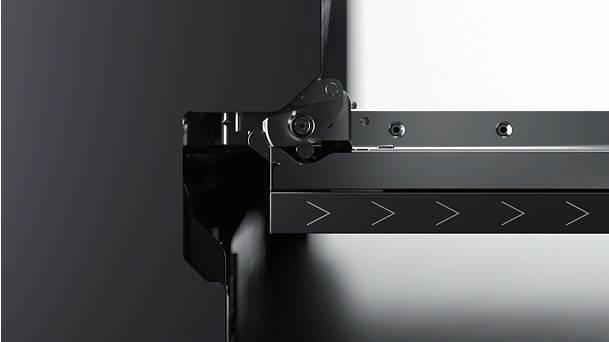 LG Integrated Dishwasher with sliding door allowing a 90-degree door opening while maintaining clearance from the toe kick.