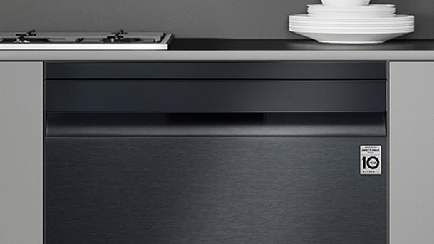 LG Built-In Dishwasher with seamless design and Noble Steel color featuring a flat front panel flushed into modern kitchen cabinetry.