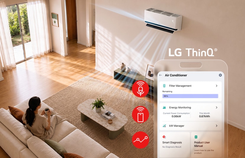 Person enjoying LG DUALCOOL AI Air cooling with LG ThinQ screen and key function icons