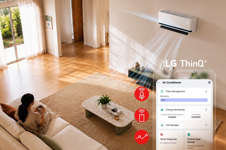 Person enjoying LG DUALCOOL AI Air cooling with LG ThinQ screen and key function icons