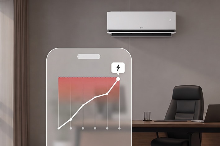 kW Manager screen showing energy use management with an LG DUALCOOL AI Air