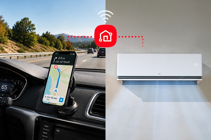 Smartphone navigation and LG DUALCOOL AI Air shown with a connectivity icon