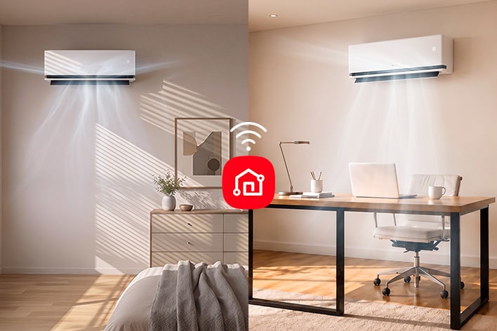 DUALCOOL AI Air in a bedroom and home office connected through LG ThinQ