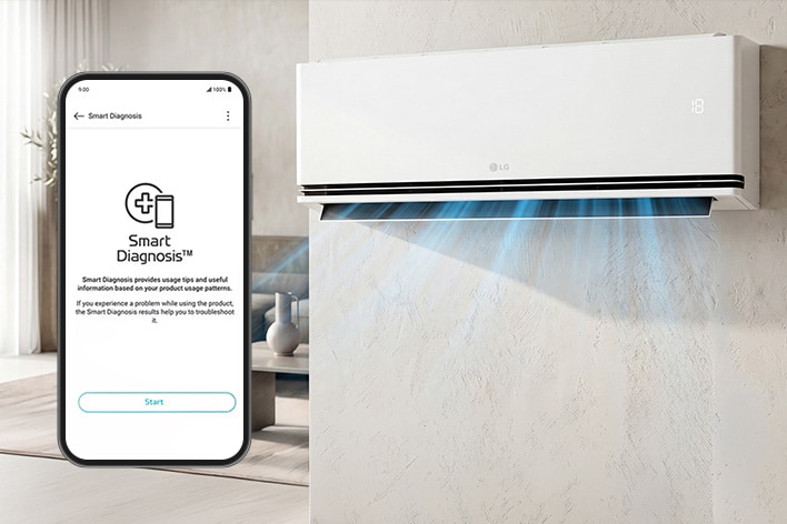 Smart Diagnosis screen on a smartphone next to an LG DUALCOOL AI Air