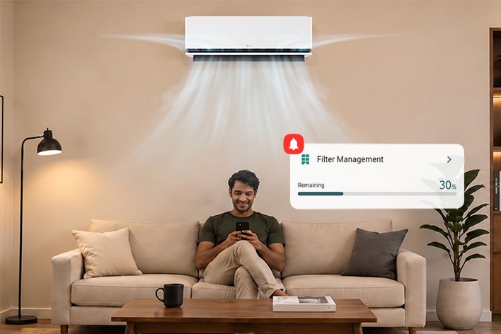 Man checking a Filter Cleaning Alert with an LG DUALCOOL AI Air