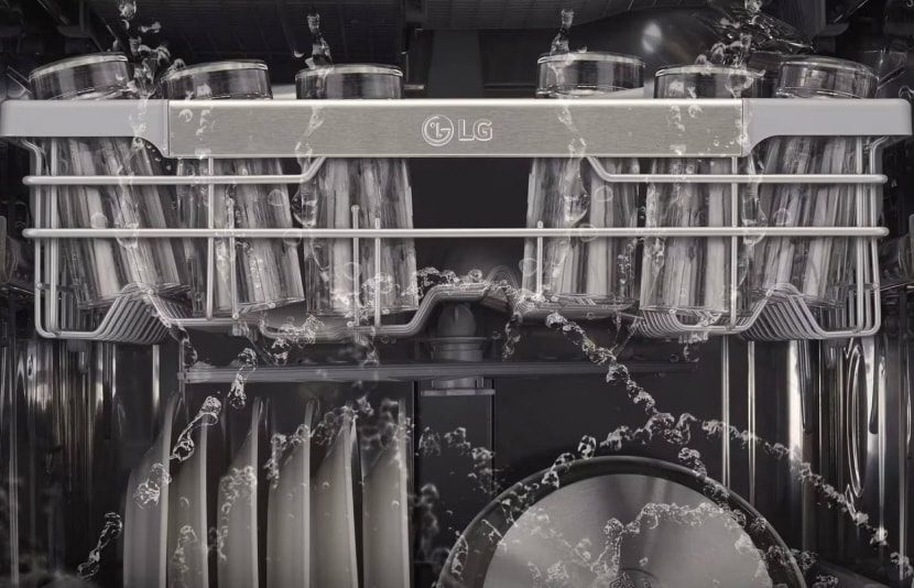 LG dishwasher interior showing racks and loading space	