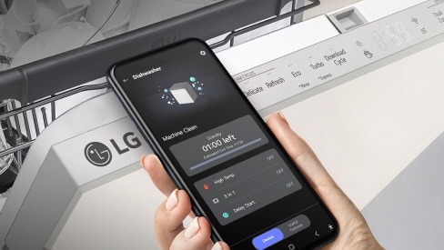 LG dishwasher control panel with smartphone showing LG ThinQ app for machine clean cycle selection