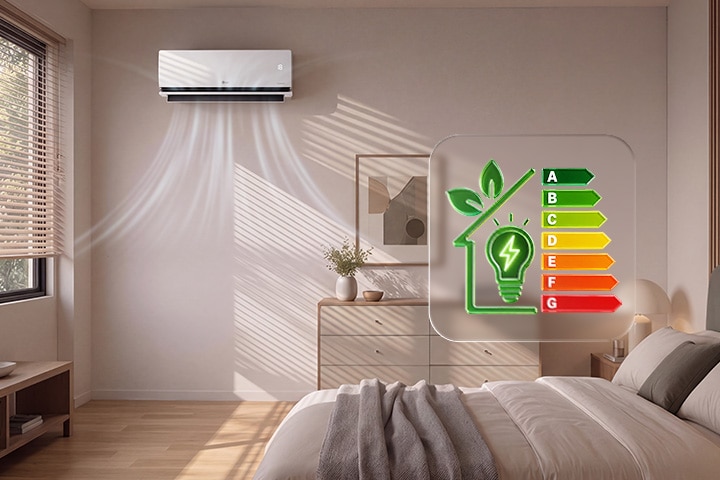LG DUALCOOL AI Air conditioner cooling a bedroom alongside an energy efficiency rating graphic