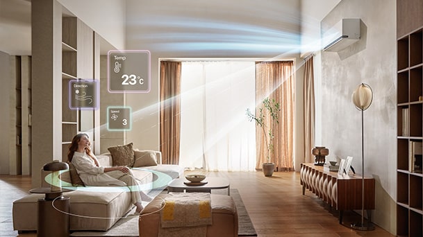 LG DUALCOOL AI Air detecting a person in a living room with AI Air