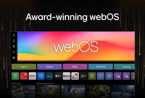 LG webOS interface featuring various content categories such as "Sports" and "Gaming," inviting users to explore entertainment on the award-winning platform.